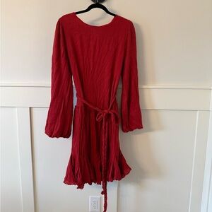 Red Long Sleeve Dress with Belt